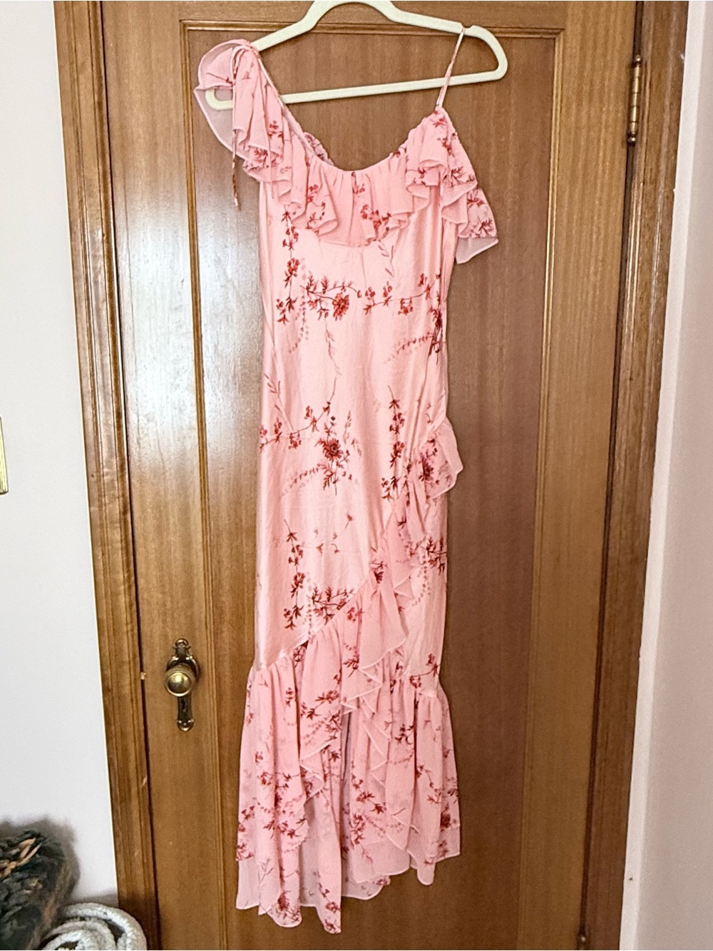 NWT Cinq A Sept Silk Pink Floral Kersti Midi One-Shoulder Ruffle Maxi Dress